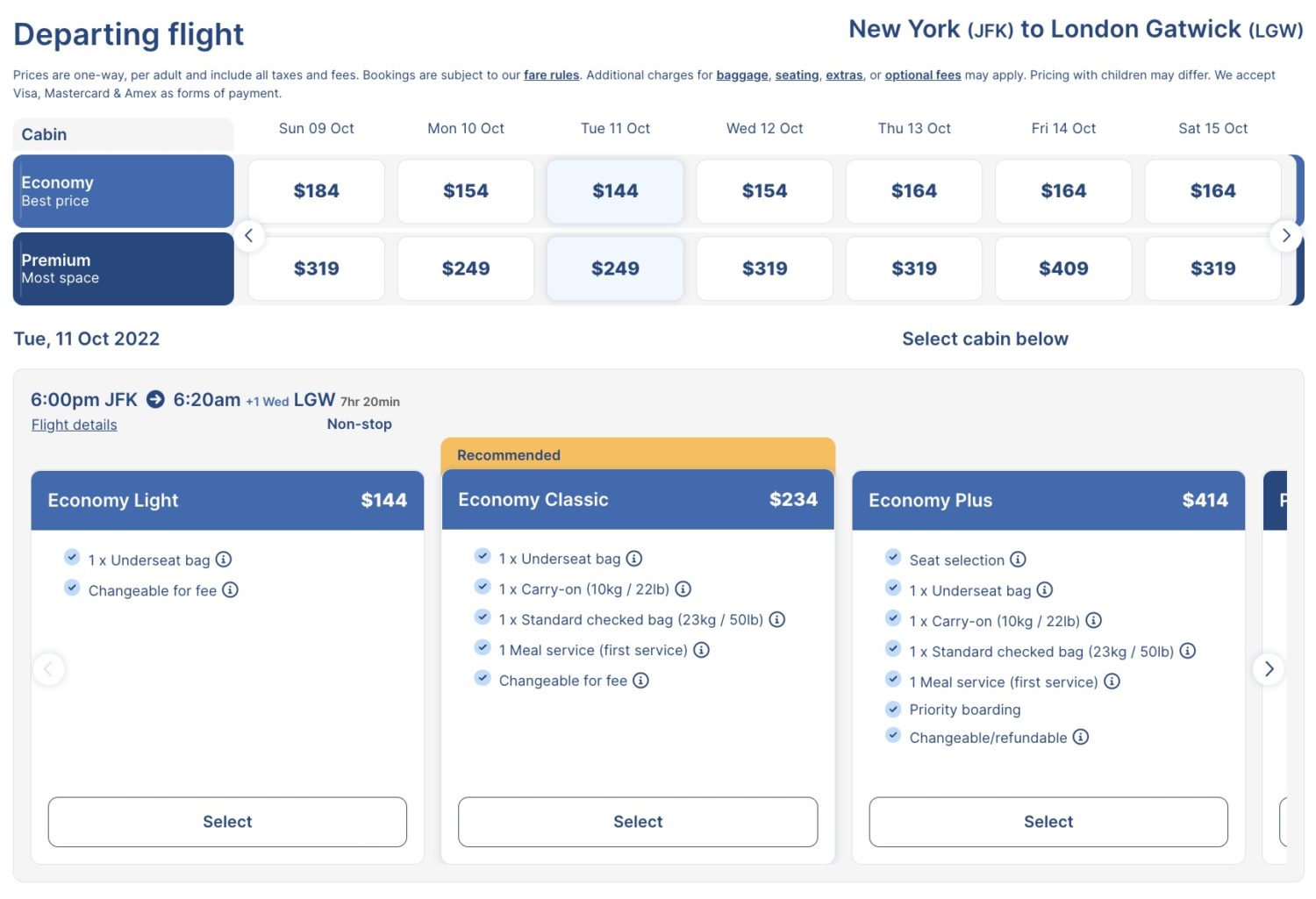 A screenshot of Norse Atlantic fares from New York to London