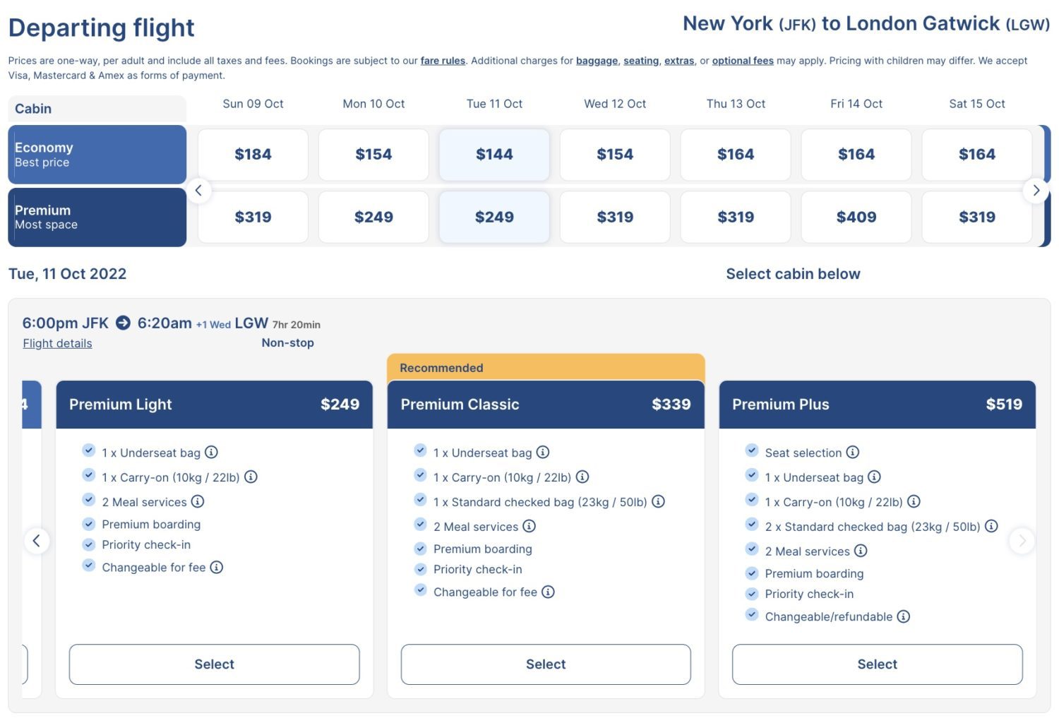A comparison of Norse Atlantic Premium fare types