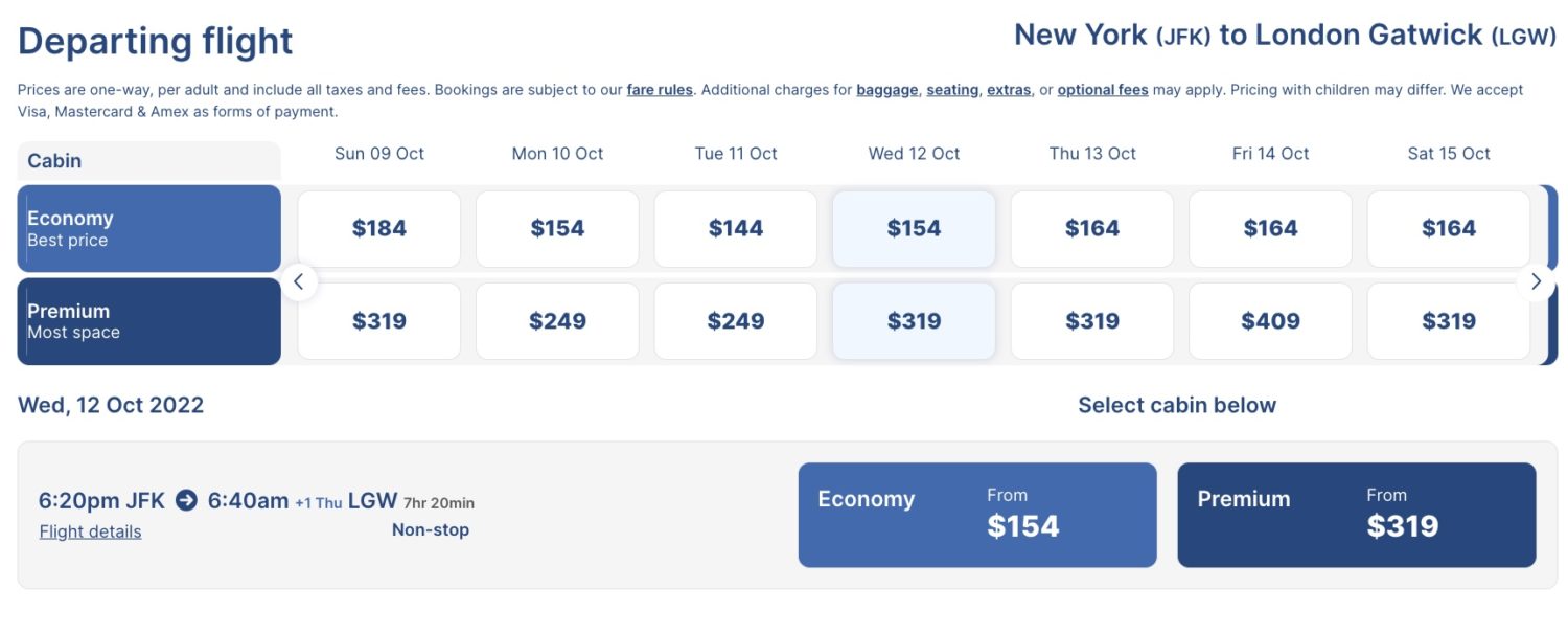 A screenshot of the lowest fares on Norse Atlantic's website