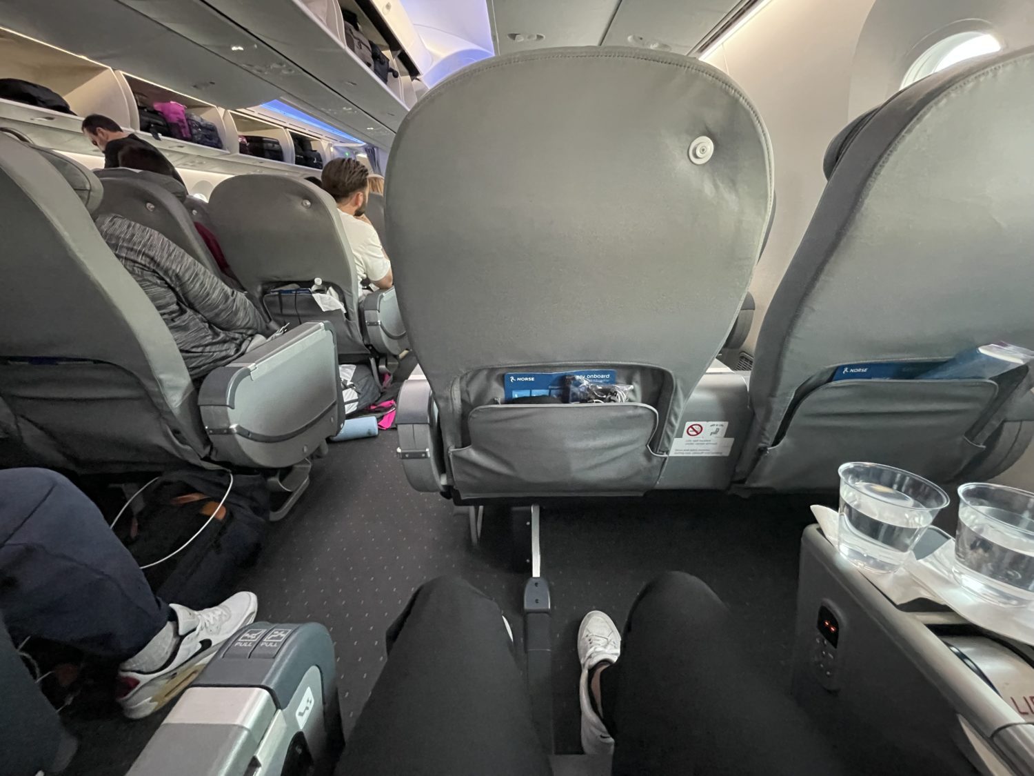 airplane seats showing the amount of legroom