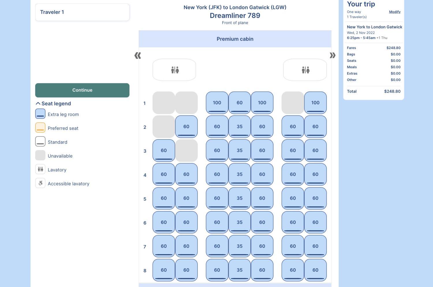 a seat map with seat selection fees