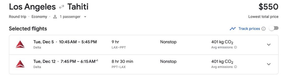 Papeete Tahiti flight deal