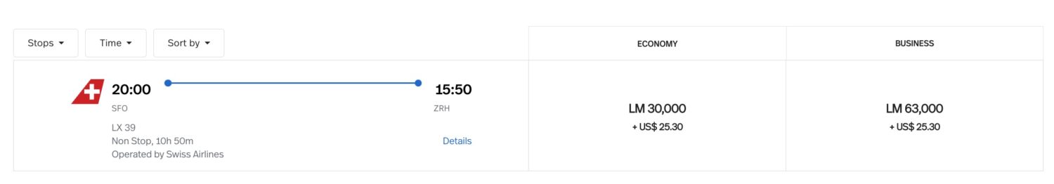 sfo to zurich lifemiles