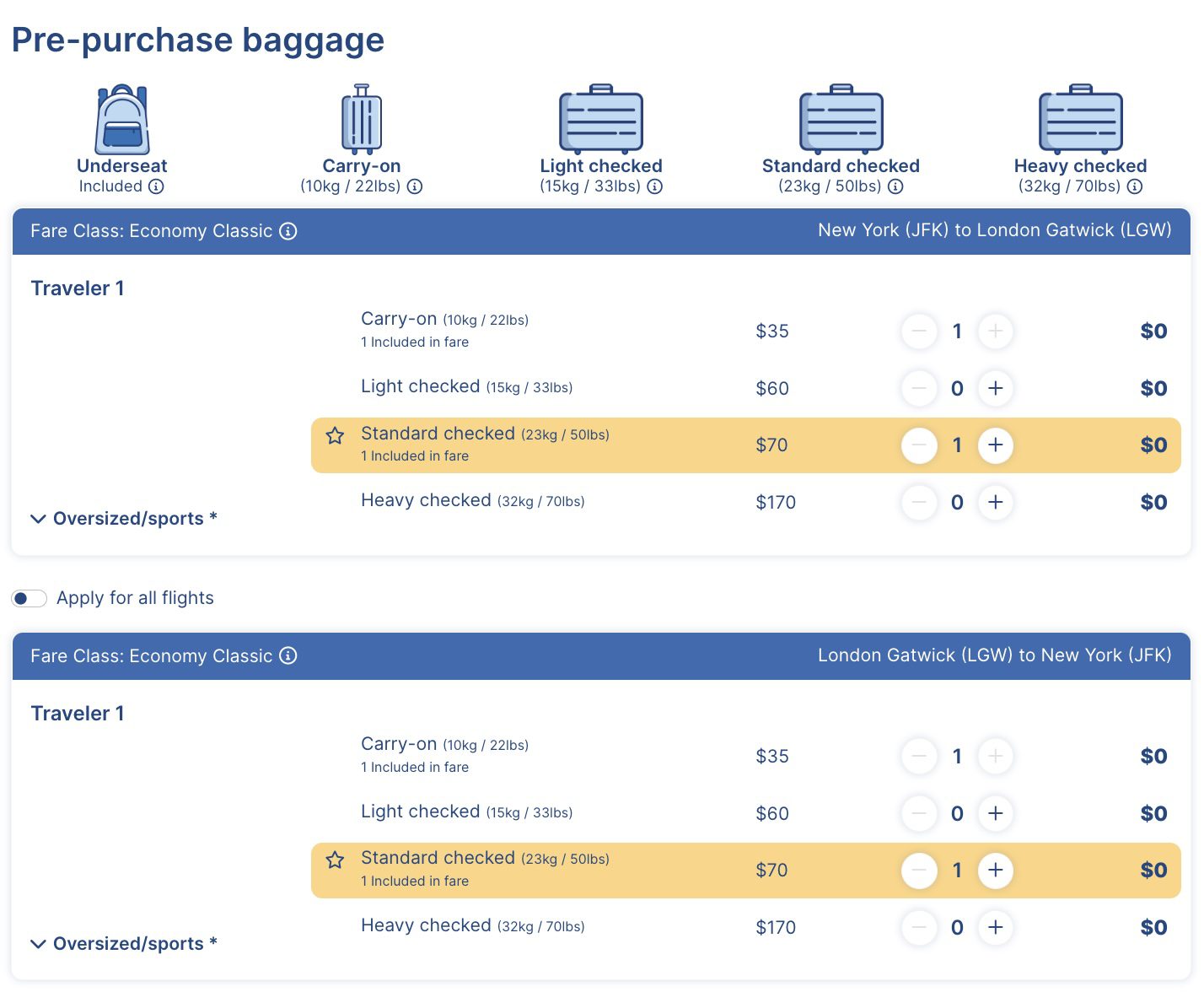 A screenshot of baggage fees accompanying airfare