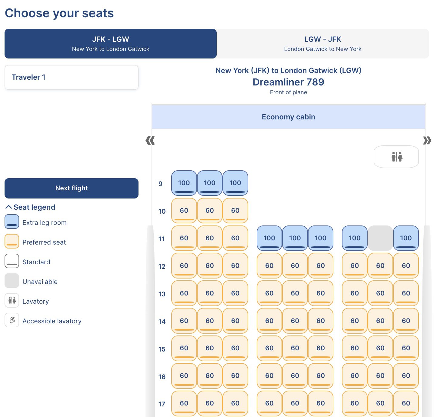 A seat selection map for a 787 airplane