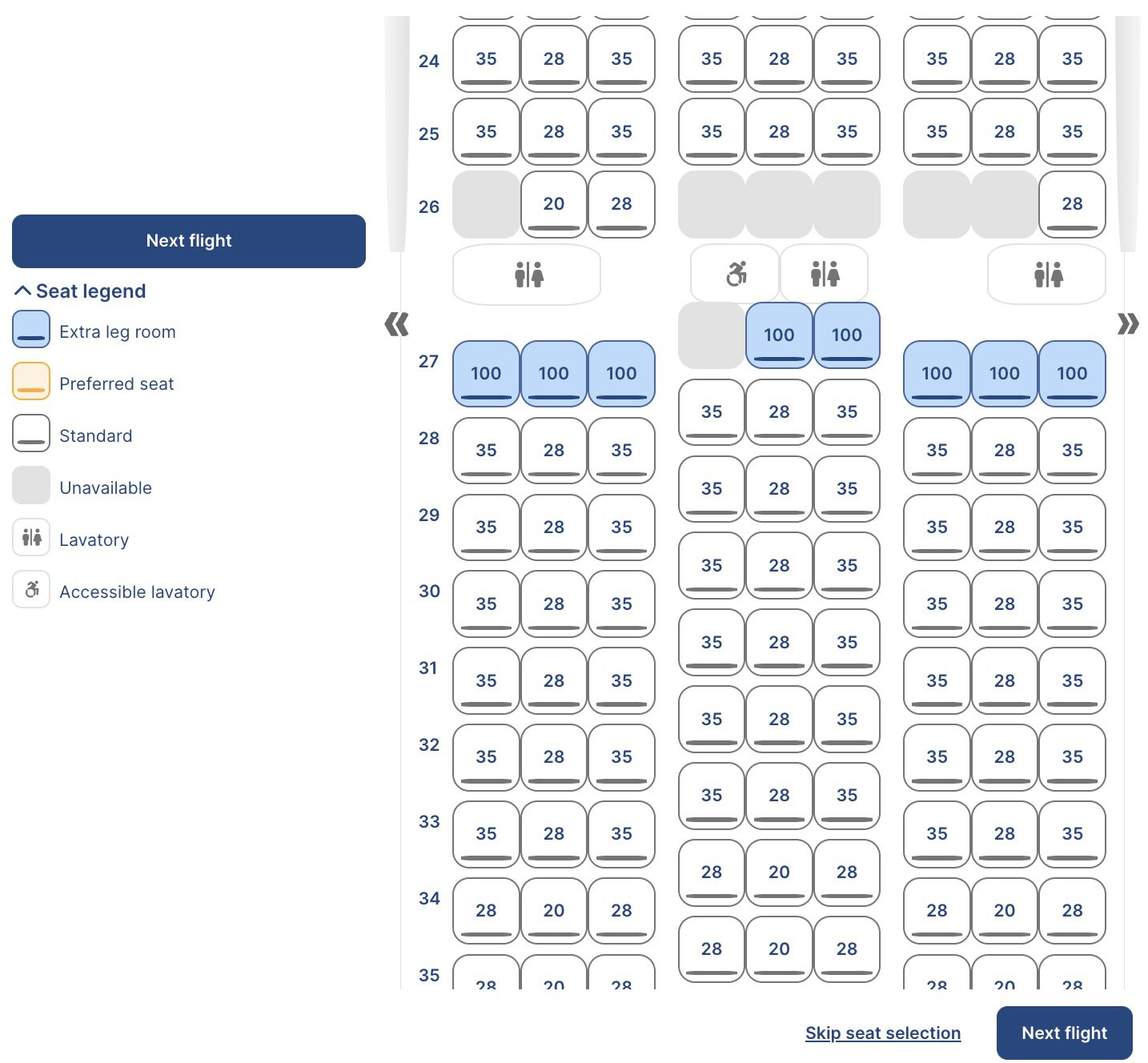 The seat selection map for a 787 airplane