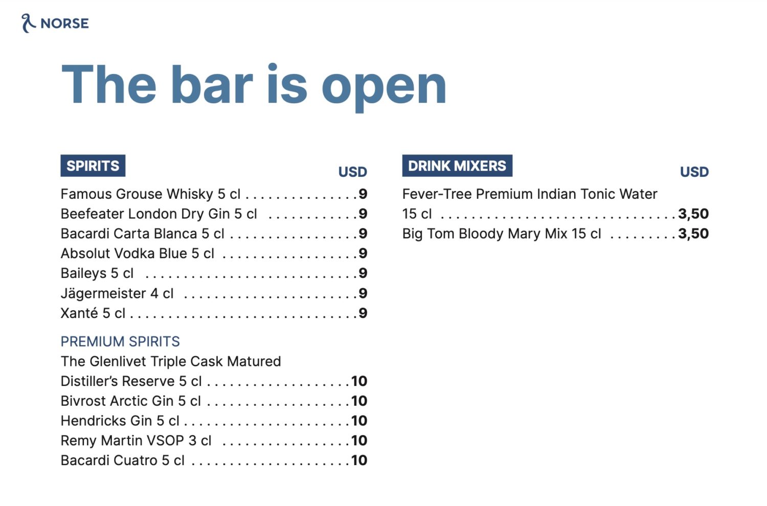 The bar menu on Norse Atlantic