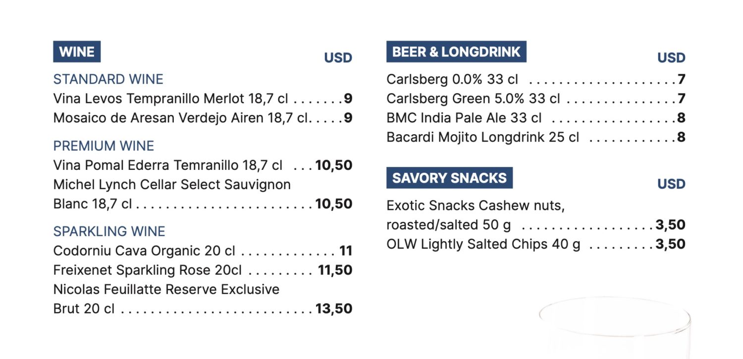 The bar menu on Norse Atlantic