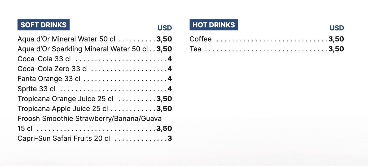 The soft drink menu on Norse Atlantic