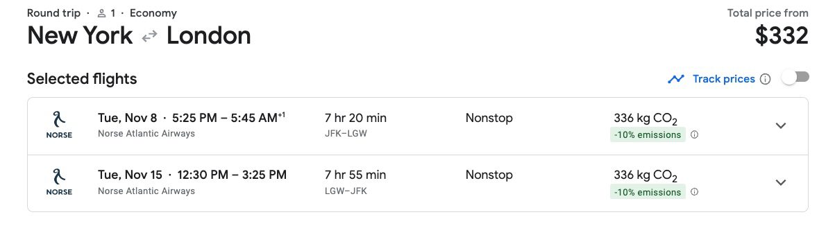 A screenshot of a Google Flights airfare between New York and London