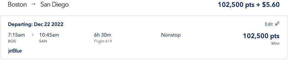 Boston to San Diego JetBlue Mint with TrueBlue points