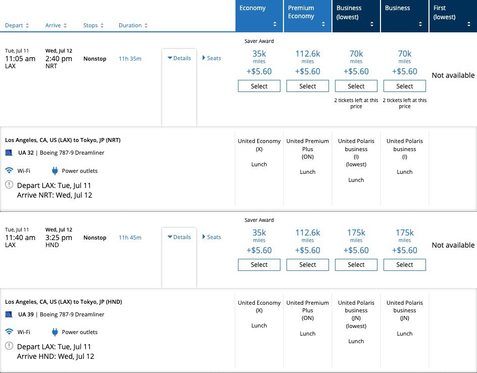 Comparing saver awards and dynamic pricing on United Airlines' website. 