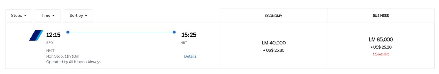 lifemiles sfo to nrt