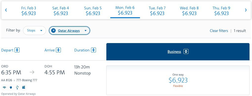 Chicago to Doha, Qatar one-way flight in Qatar Airways business class booked through American Airlines for $6,923. 