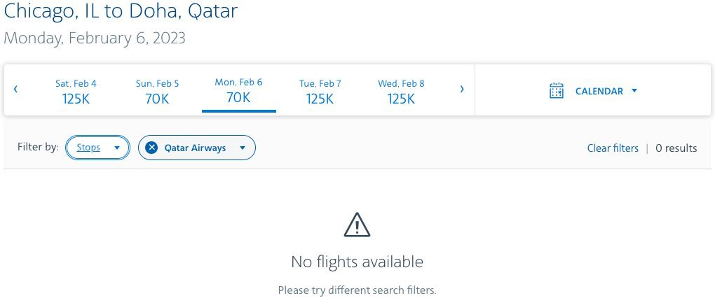 Chicago to Doha using American miles. No flights available. 