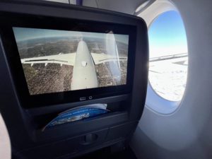 The seatback screen shows the tail camera of the plane while flying. 