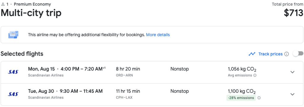 sas premium economy fare on google flights