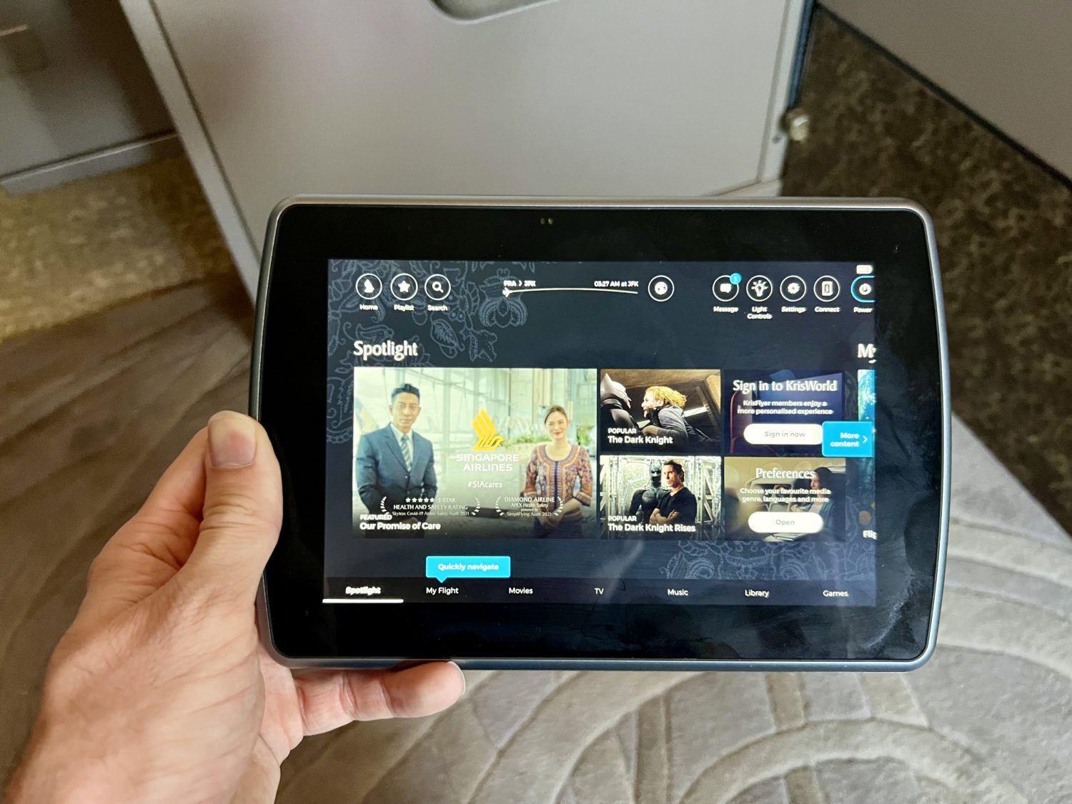 Singapore Airlines first class tablet