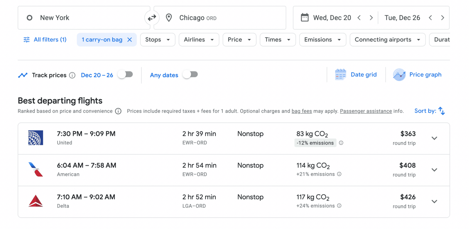 Google Flights search New York to Chicago (ORD)