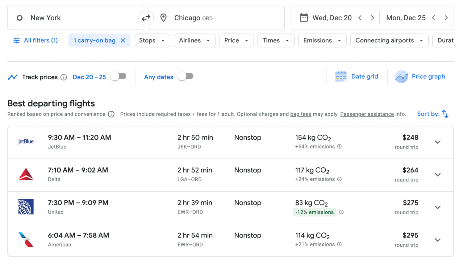 Google Flights search New York to Chicago (ORD)