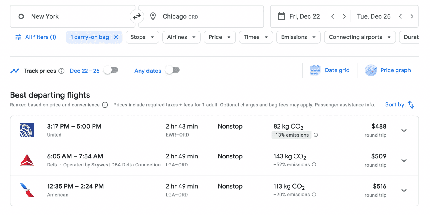 Google Flights search New York to Chicago (ORD)