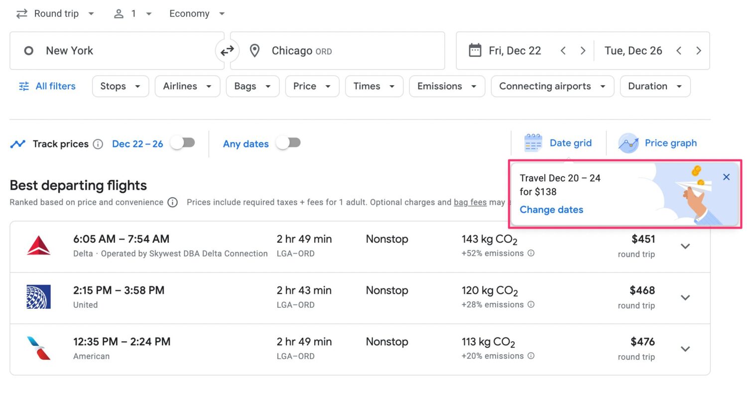 Google Flights search New York to Chicago (ORD)