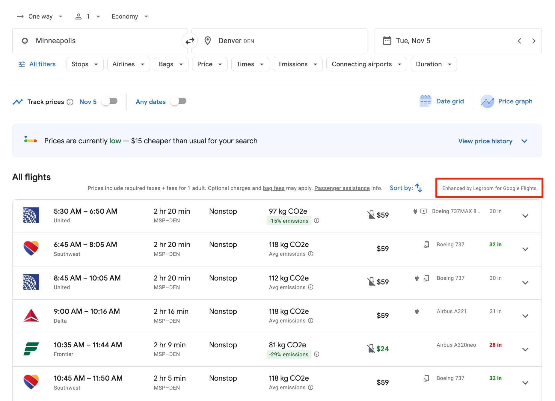 google flights legrooms