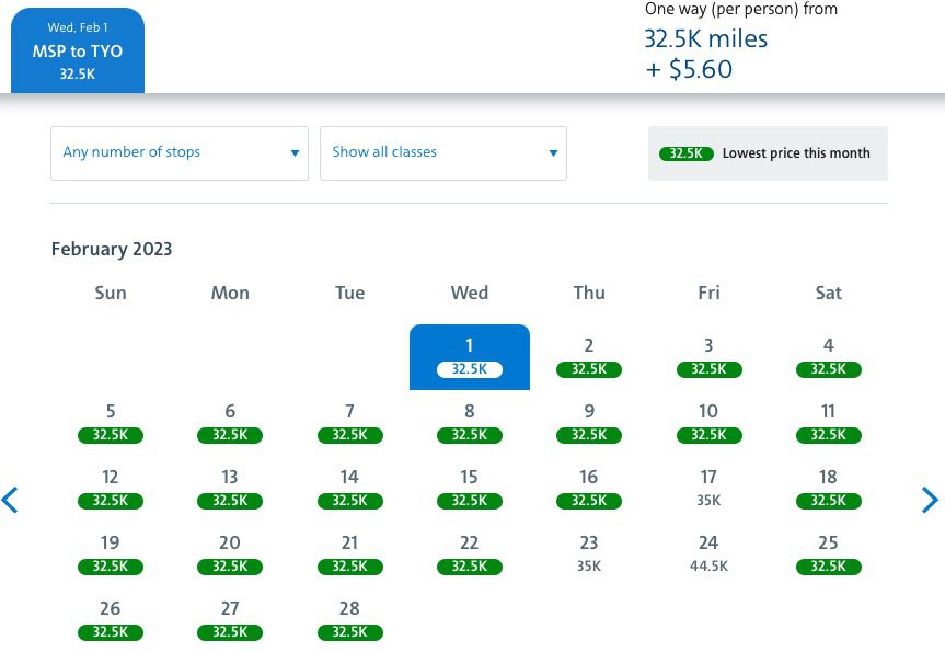 Minneapolis to Tokyo AA miles calendar