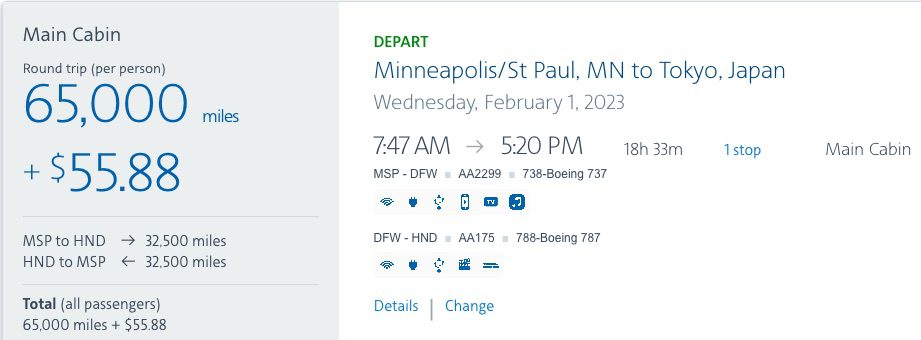 minneapolis to Tokyo using AA miles