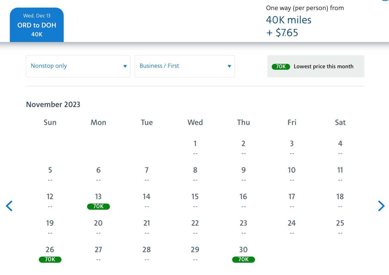 Chicago to Doha flight American Airlines price calendar showing dates in November for 70,000 points. 