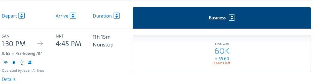 San Diego to Tokyo in Japan Airlines business class using AA miles