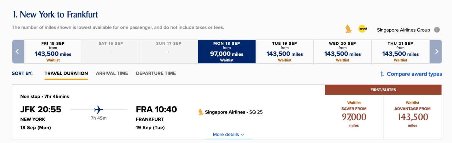 singapore airlines first class award redemption