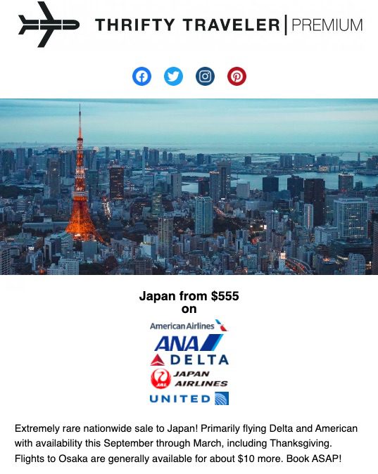 Thrifty Traveler Premium deal nationwide to Japan in 2019