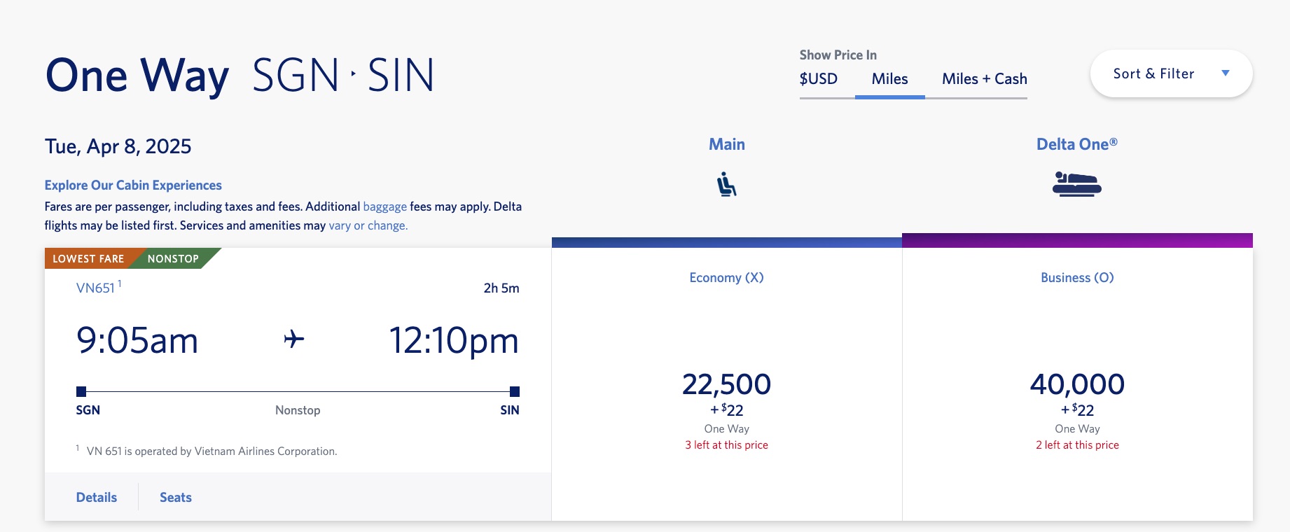 A one way flight from Saigon to Singapore for 22,500 miles in main economy or 40,000 miles in Delta One business