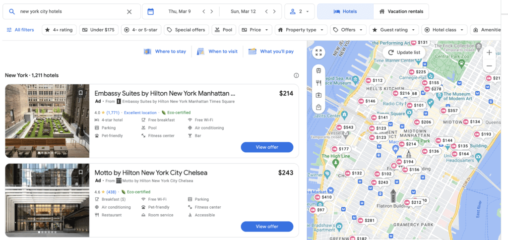 Google hotels NYC booking example