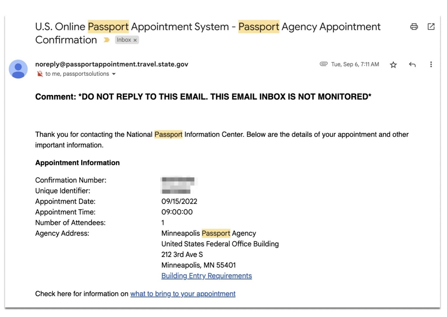An email from the U.S. passport appointment system office confirming a passport appointment at the Minneapolis Passport Agency offices. 