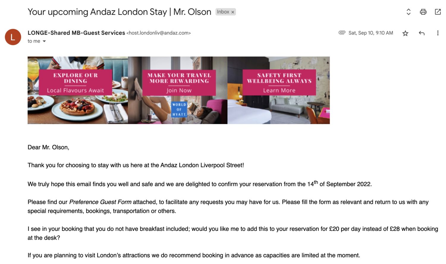 Andaz Liverpool check in email