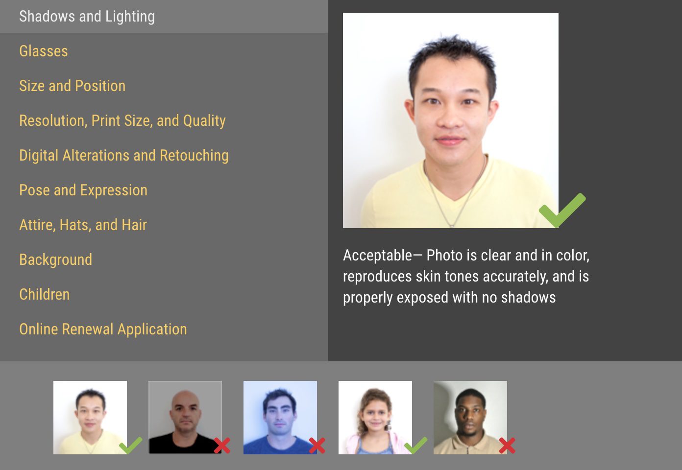 An example of a good passport photo taken from the U.S. passport office website showing a man in a yellow shirt on a white background with a green checkmark showing the photo is acceptable. 
