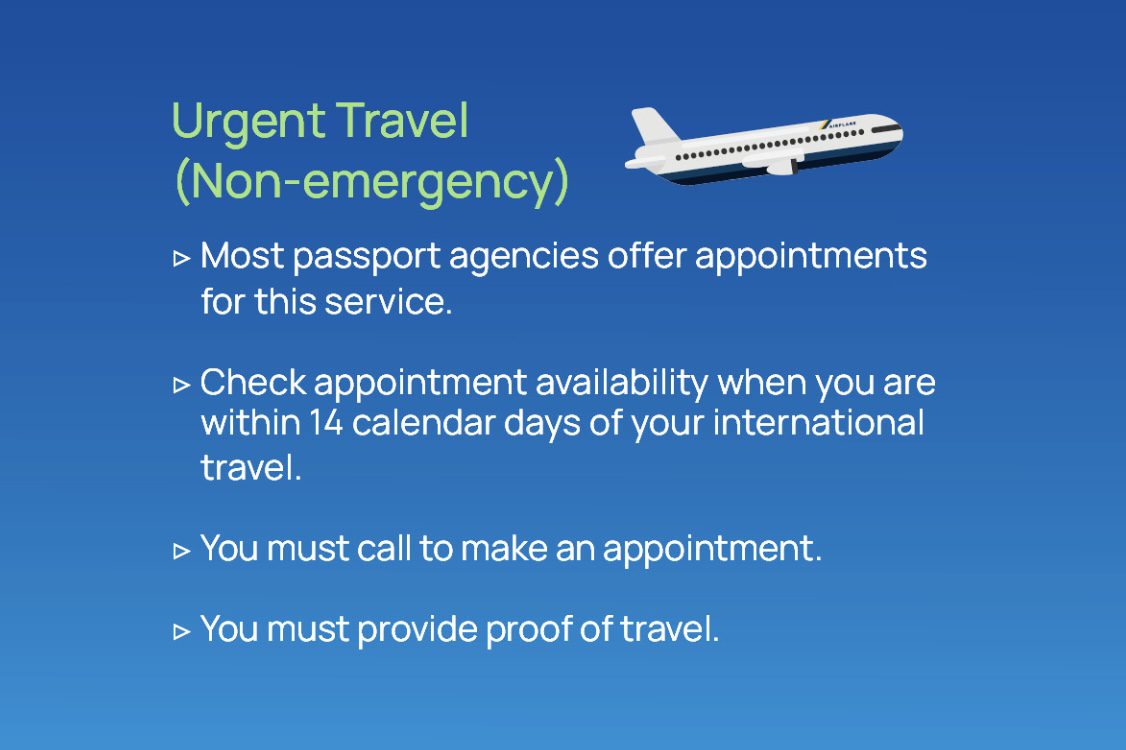 Urgent Travel (non-emergency) most passport agencies offer appointments for this service. Check appointment availability when you are within 14 calendar days of your international travel. You must call to make an appointment. You must provide proof of travel. A blue graphic with white text and a white airplane. 