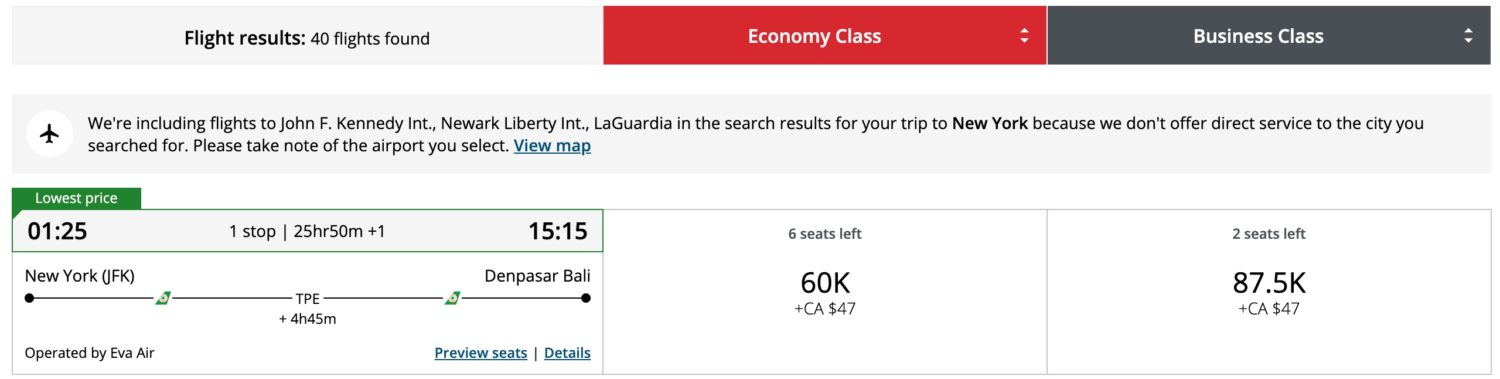 flight results for a new york to denpasar bali flight operated by Eva Air. 60,000 points plus $47 in economy and 587,500 points plus $47 in business class
