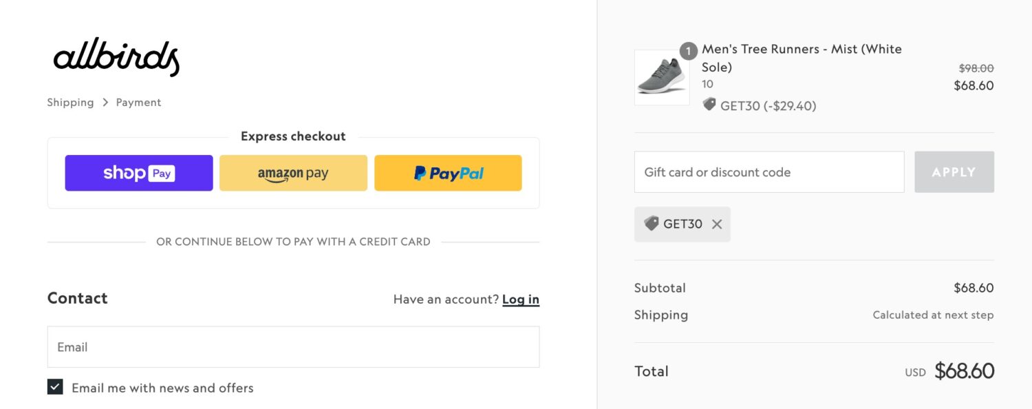allbirds checkout screen