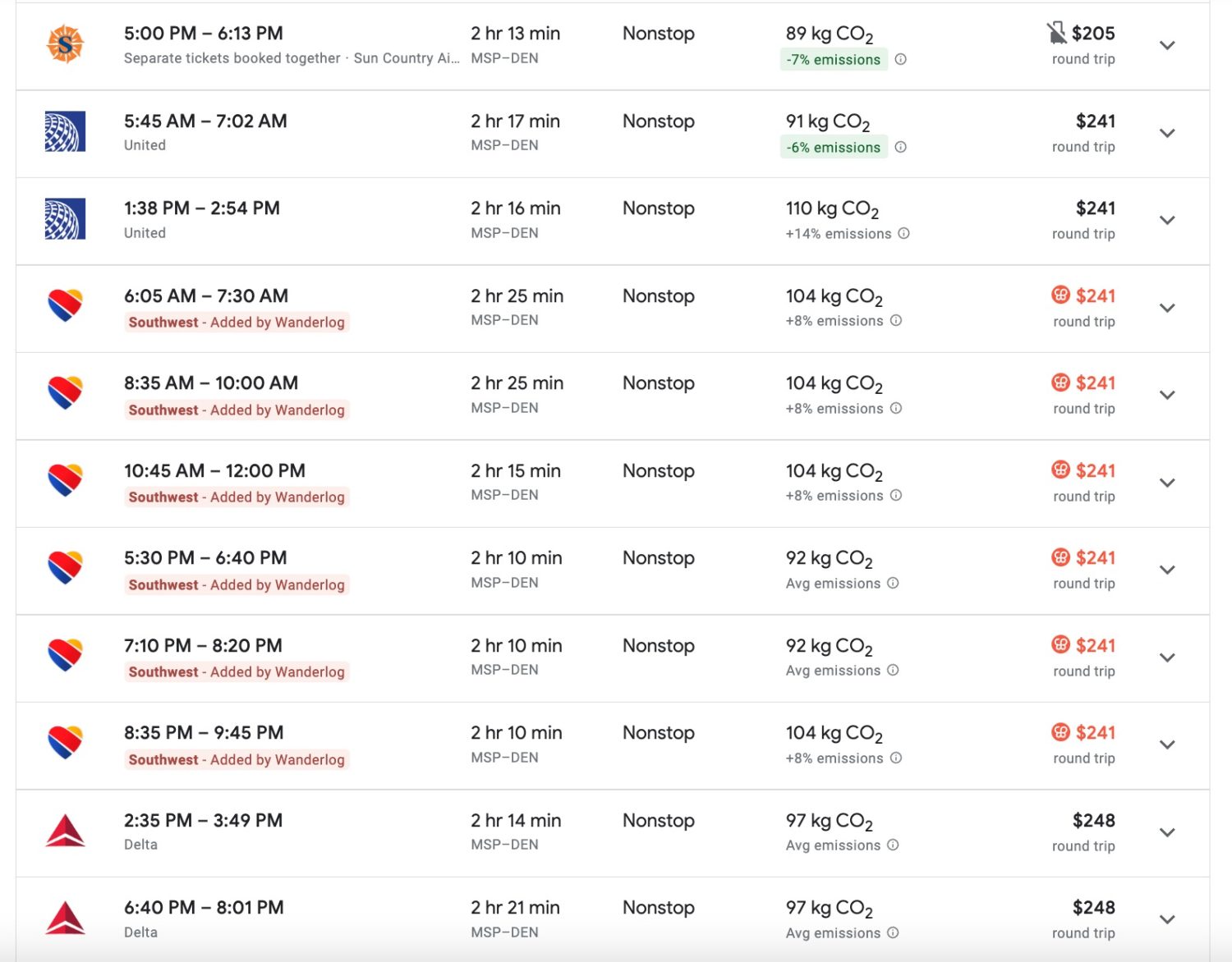 wanderlog flight results