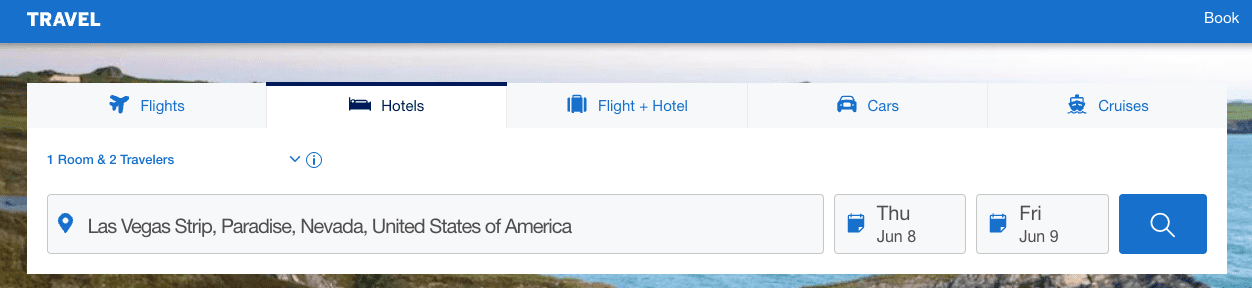 Amex Travel hotel search bar with Las Vegas as the destination
