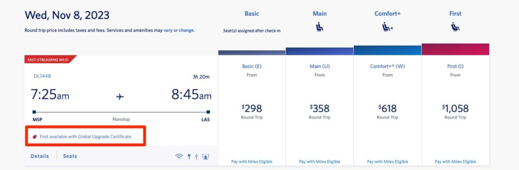 Delta MSP to LAS booking screen