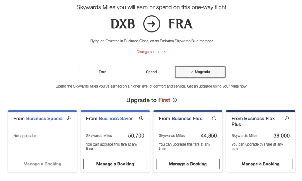 The cost to upgrade to emirates first class on a route from Dubai to Frankfurt