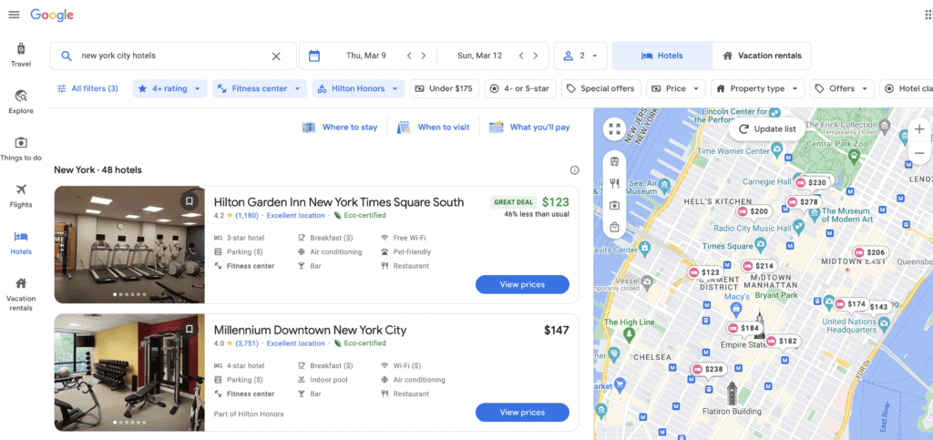 google hotels filtering examples