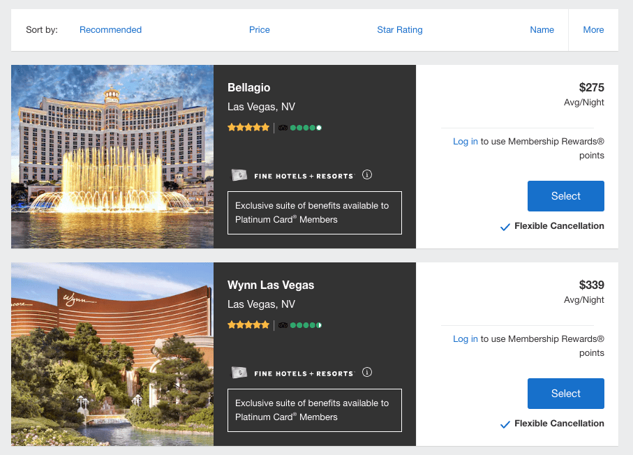 Amex Travel search results for Fine Hotels and Resorts properties in Las Vegas