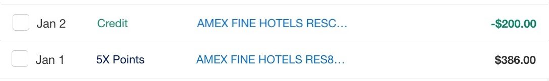an amex account statement showing the hotel credit kicked in one day after purchase