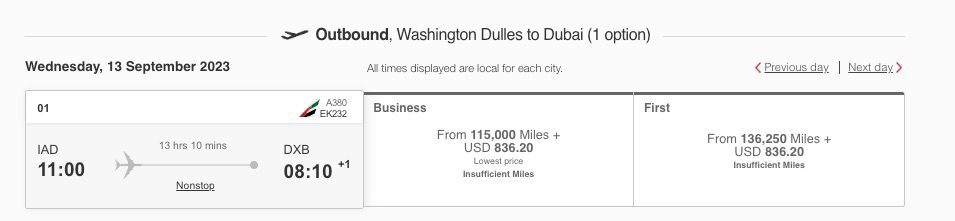 emirates IAD to Dubai booking