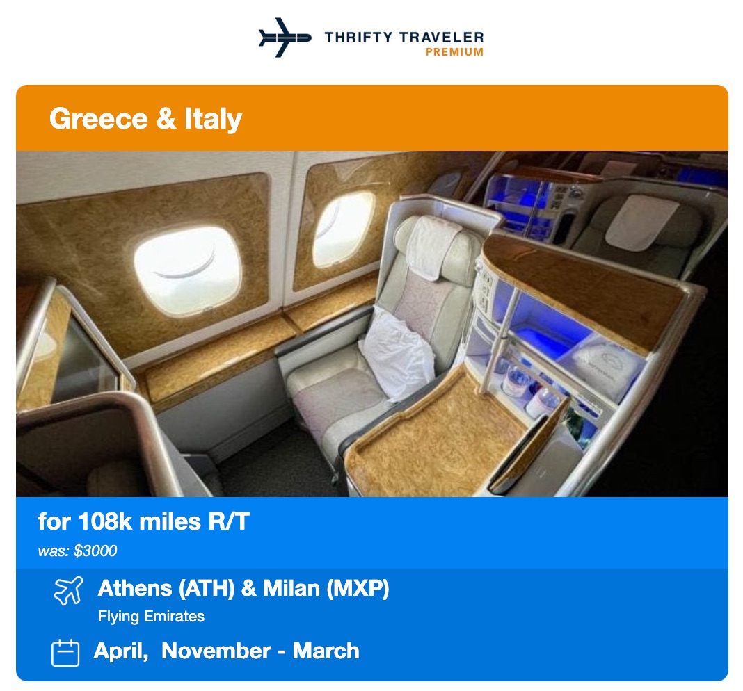 thrifty traveler premium flight deal to Milan or Athens for 108,000 miles roundtrip flying emirates first class 
